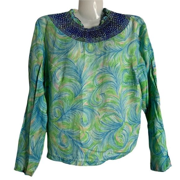 Vintage Embroidered Neck Long Sleeve Blouse S Blue Peacock Button Back Ruffle - Picture 1 of 4